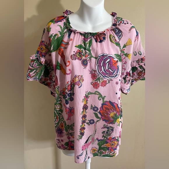 Banjanan Tropical Print Pink Multicolor Blouse Top Women's Medium - Picture 1 of 8